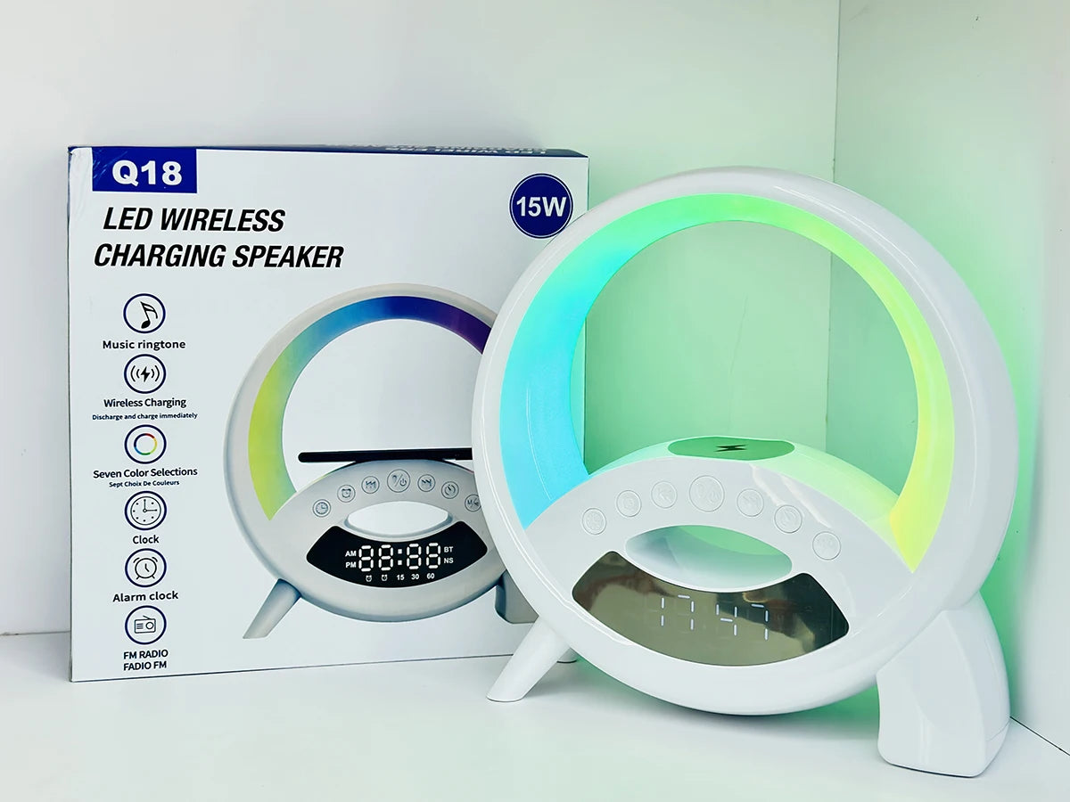 Wireless Charging Multi-function Bluetooth Speaker with Alarm Clock Nightlight